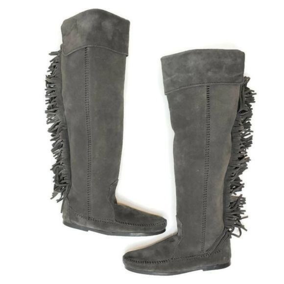 Minnitonka NWT over the knee fringe leather boots charcoal gray sz 5 small feet - Picture 12 of 13